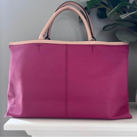 Tommy Hilfiger Leather Purse Magenta Cranberry Tan Double Handle Bag - Picture 2 of 13